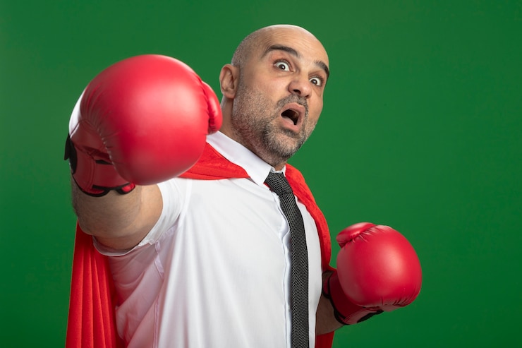 Foto gratuito empresario de superhéroe en capa roja y guantes de boxeo levantando las manos mirando al frente asustado gritando de pie sobre la pared verde