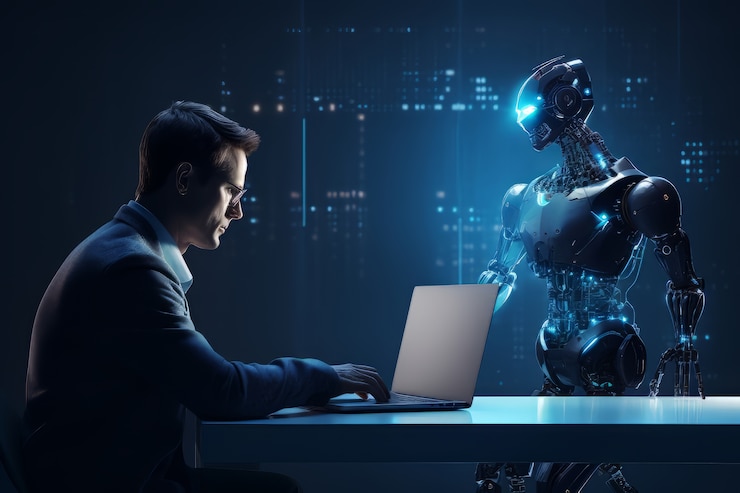 Foto gratuito empresario trabajando en una oficina futurista