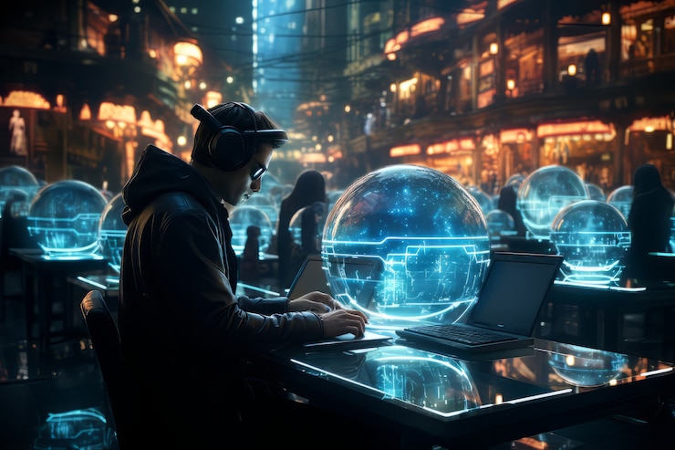 Foto gratuito empresario trabajando en una oficina futurista