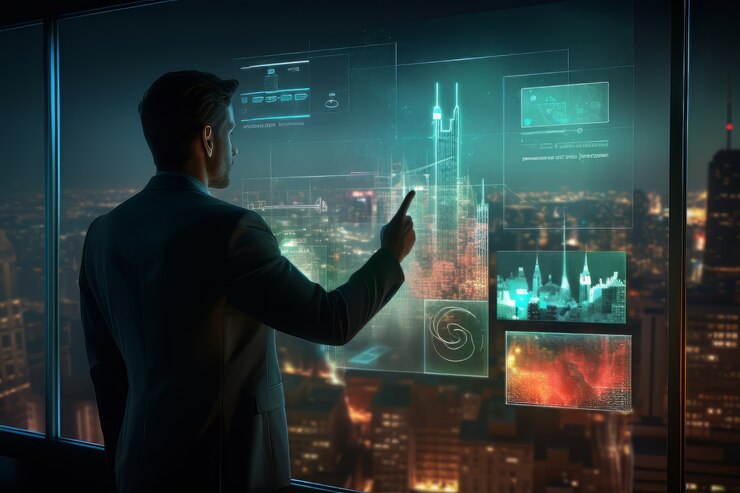 Foto gratuito empresario trabajando en una oficina futurista