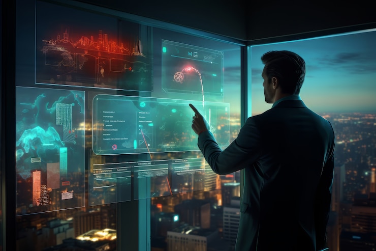 Foto gratuito empresario trabajando en una oficina futurista