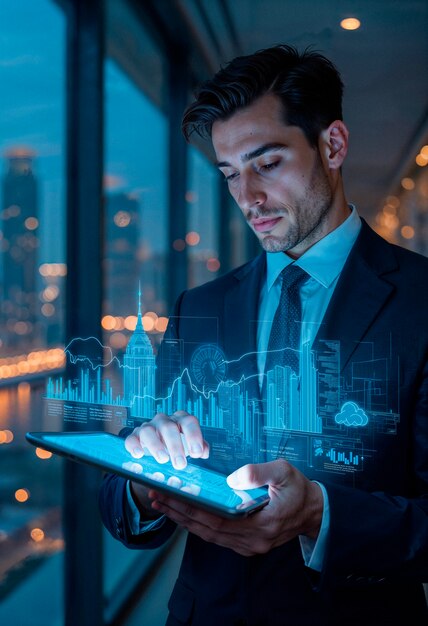 Empresario trabajando en una tableta con visualización de datos