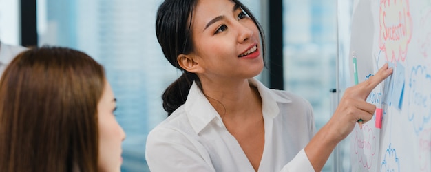 Empresarios y empresarias de Asia que se reúnen ideas de lluvia de ideas que conducen a colegas del proyecto de presentación comercial que trabajan juntos planean la estrategia de éxito disfrutan del trabajo en equipo en una pequeña oficina moderna.