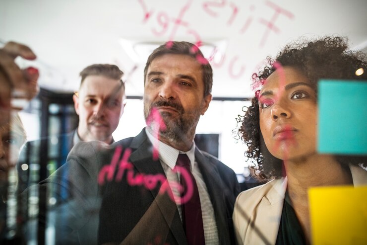 Foto gratuito empresarios que planean en una pared de vidrio