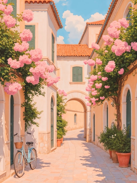 Encantador callejón con flores rosas y bicicletas