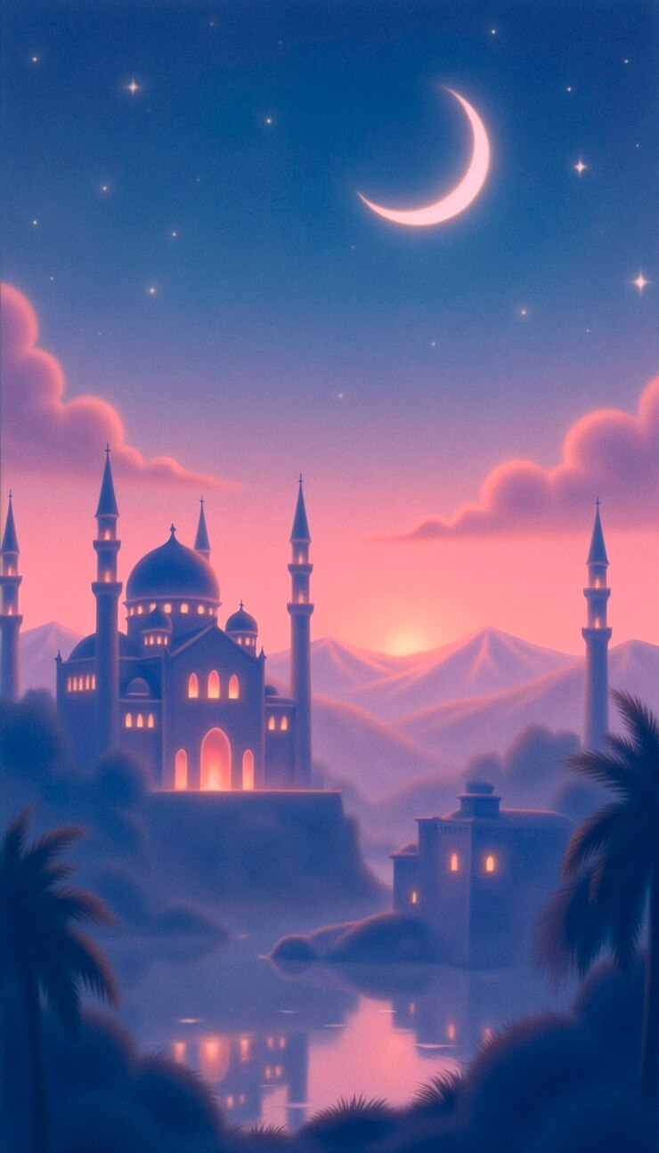 Encantadora escena nocturna con la mezquita y la ilustración de la luna creciente