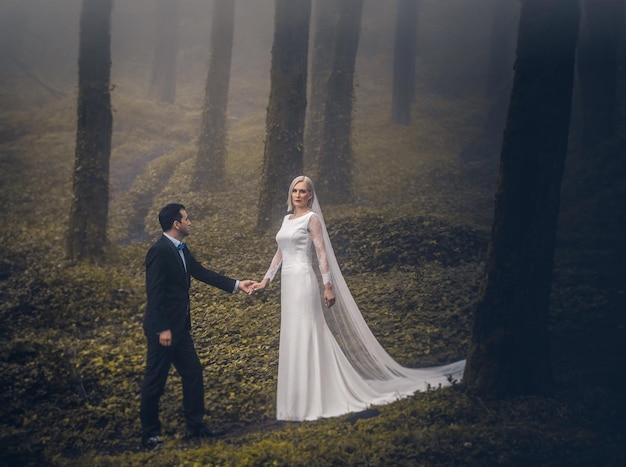 Encantadora pareja de recién casados - novia y novio en un hermoso bosque misterioso con una asombrosa niebla otoñal.