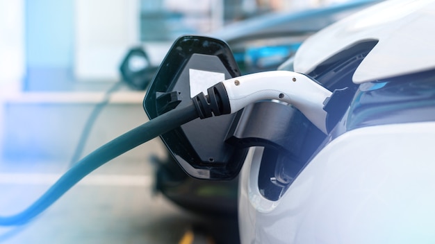 Enchufado cargadores en dos autos eléctricos en la estación de carga