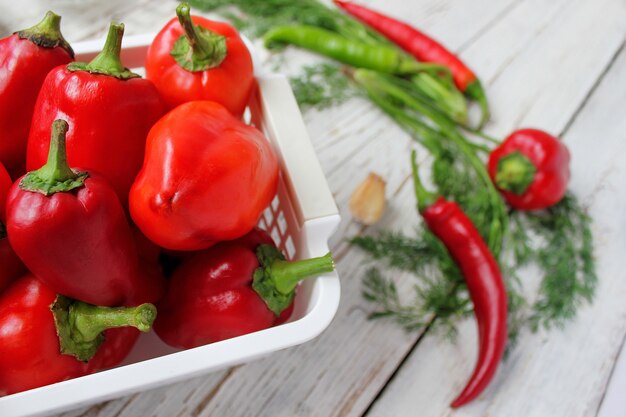 Encurtidos en mesa de madera blanca con pimientos verdes y rojos y ají, hinojo, sal, pimienta negra, ajo, guisantes, primer plano, concepto saludable, vista superior, endecha plana