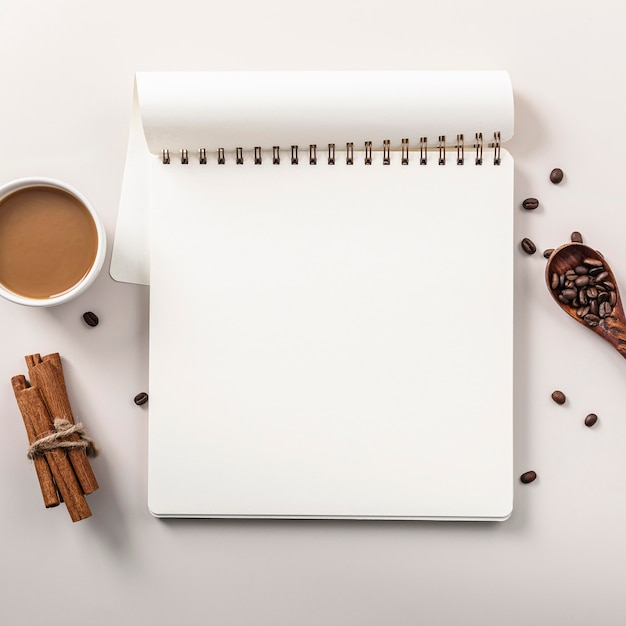 Foto gratuita endecha plana de cuaderno con taza de café y palitos de canela