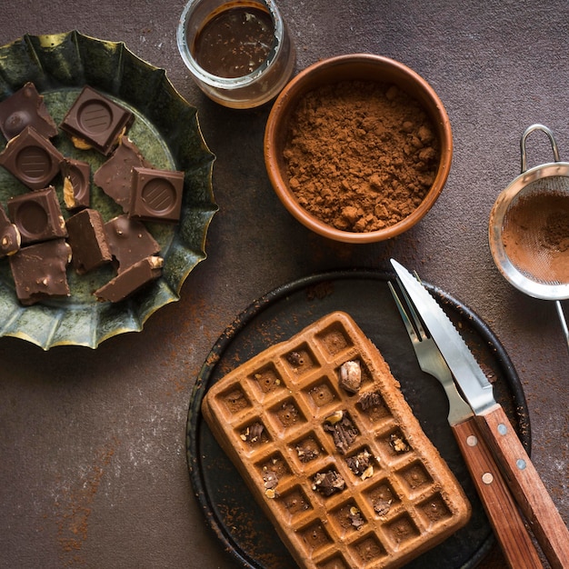 Endecha plana de delicioso desayuno de gofres