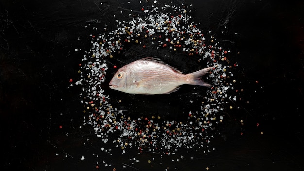 Foto gratuita endecha plana de pescado con sal y especias