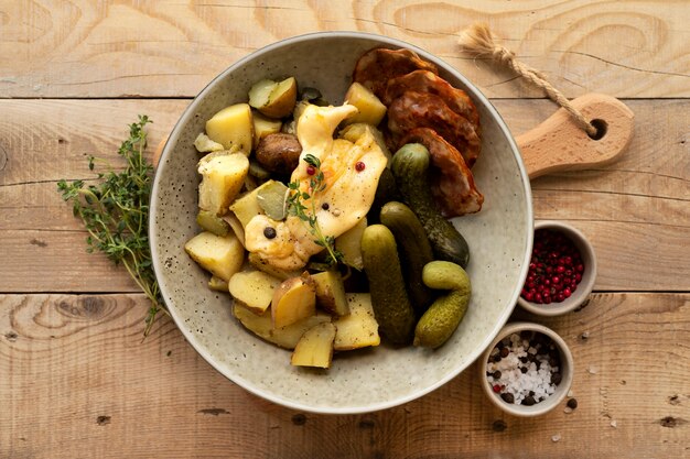 Endecha plana de plato de raclette con deliciosa variedad de comida