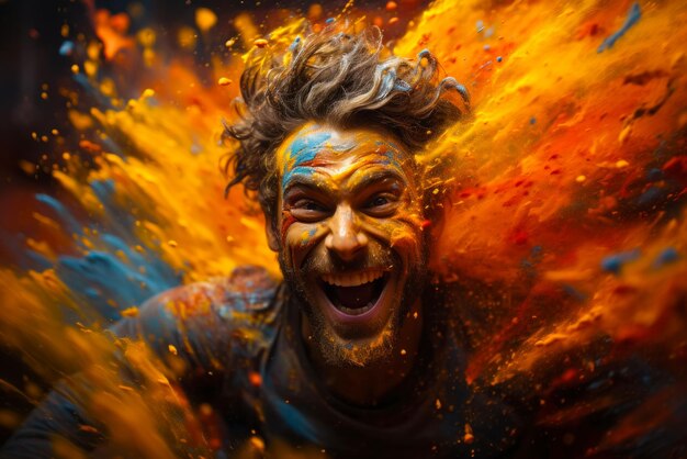 Foto gratuita energía del festival de holi retrato de un joven en una nube de explosión de polvo multicolor