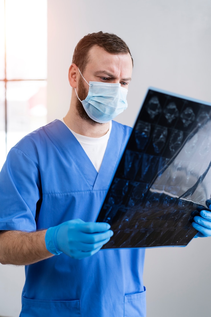 Foto gratuito enfermera mirando radiografía plano medio