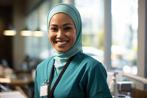 Enfermera en retrato de hijab en el hospital