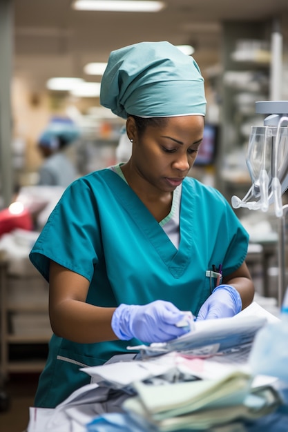 Foto gratuita enfermera trabajando en el hospital con batas