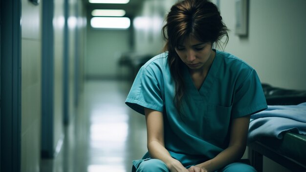 Enfermera triste o agotada en el hospital