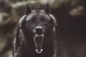 Foto gratuita enfoque suave de un feroz lobo negro gruñendo con dientes afilados