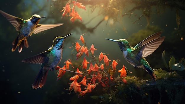 Foto gratuita un enjambre de colibríes que se alimentan del néctar de flores exóticas en un oasis aislado de la selva