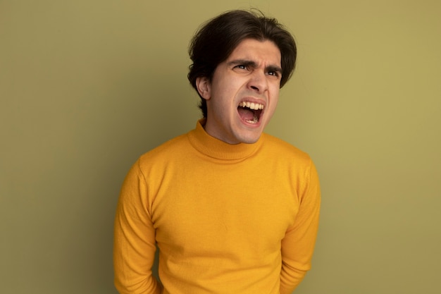 Foto gratuita enojado mirando al lado chico guapo joven vistiendo suéter de cuello alto amarillo aislado en la pared verde oliva