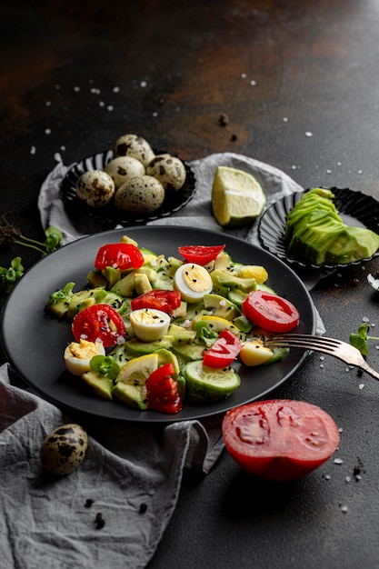 Ensalada de alto ángulo en plato oscuro