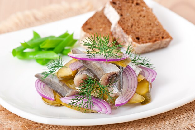 Ensalada de arenque con pepinillos en vinagre y cebolla