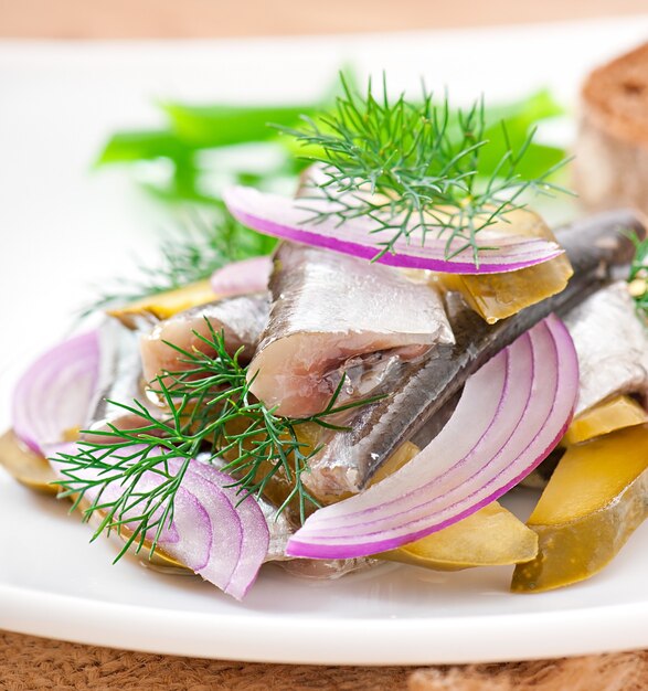 Ensalada de arenque con pepinillos en vinagre y cebolla