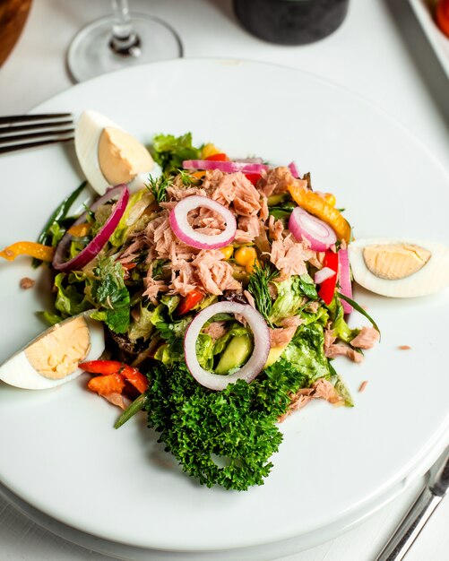 Ensalada de atún fresco en el plato