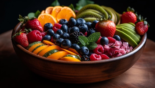 Foto gratuita ensalada de bayas orgánicas, un refrigerio gourmet saludable de verano generado por ia