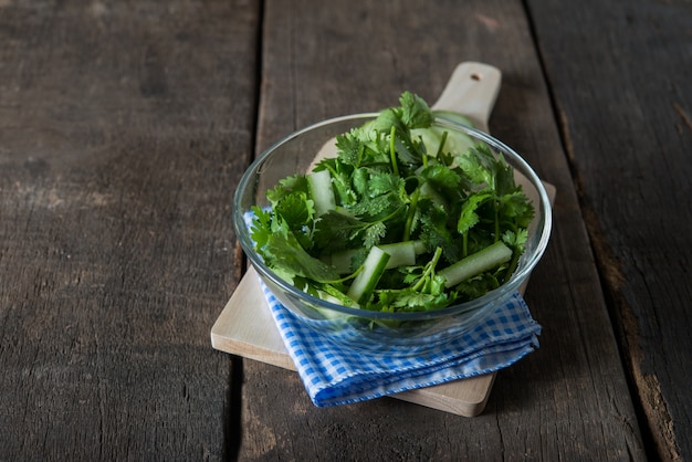 Ensalada de cilantro fresco, cilantro con ensalada de pepino. Concepto de alimentos saludables.