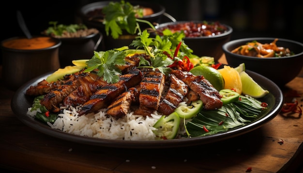 Ensalada fresca de carne a la parrilla alimentación saludable en placa de madera generada por inteligencia artificial