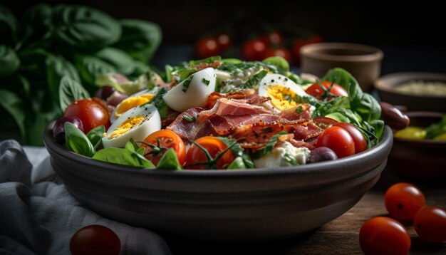 Ensalada fresca del jardín con una rodaja de tomate jugosa generada por IA