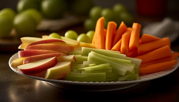 Foto gratuita ensalada fresca y saludable con verduras y frutas en rodajas generadas por ia