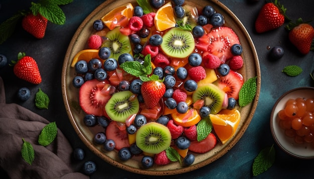 Ensalada de frutas frescas con bayas, fresas y frambuesas generadas por IA