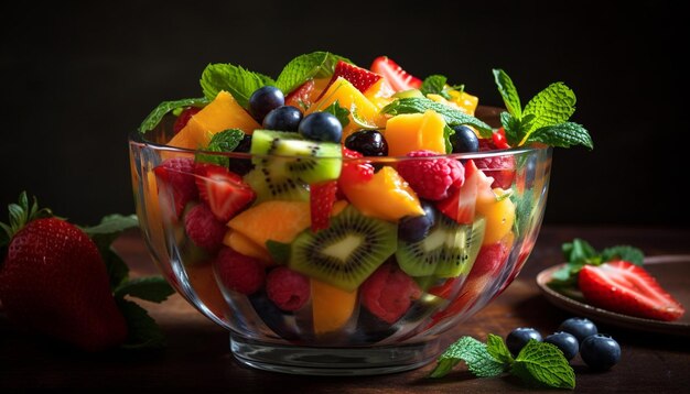 Ensalada de frutas gourmet saludable con bayas orgánicas generada por IA