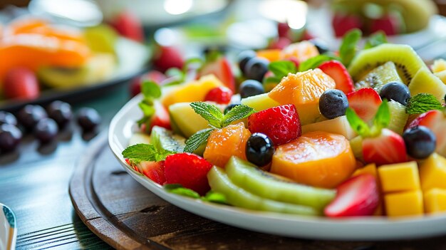 Una ensalada de frutas en un plato.