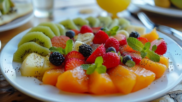 Una ensalada de frutas en un plato.