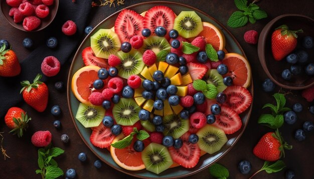 Ensalada de frutas saludable con bayas, fresas y kiwi generada por IA