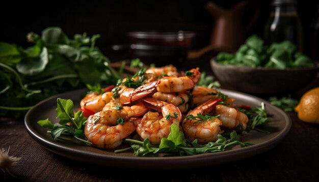 Ensalada de gambas a la plancha fresca, saludable y gourmet generada por IA