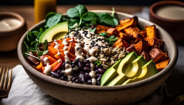 Foto gratuita ensalada gourmet fresca con aguacate y tomate generada por ia