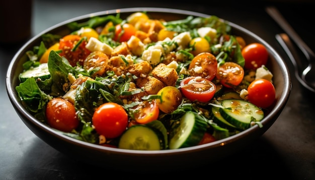 Ensalada gourmet fresca con verduras a la parrilla y mozzarella generada por IA