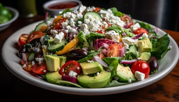 Ensalada griega gourmet con vegetales orgánicos frescos generados por IA