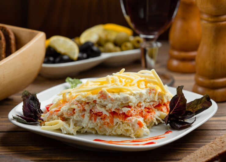 Foto gratuito ensalada de mimosa en porciones con clara de huevo, zanahoria al vapor, papa, queso