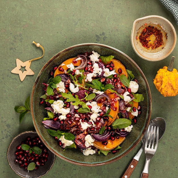 Foto gratuita ensalada templada de quinoa de invierno con chorizo de calabaza y hojas de rúcula mozzarella y granada