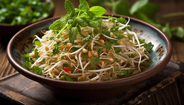 Ensalada vegetariana fresca en tazón de madera comida gourmet generada por IA