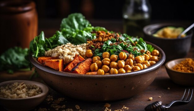 Ensalada vegetariana orgánica fresca en una mesa rústica de madera generada por IA