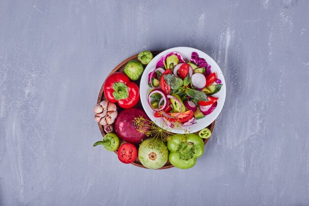 Ensalada de verduras con alimentos en rodajas y picados en un plato blanco, vista superior.