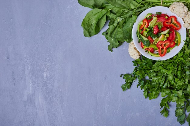 Ensalada de verduras con hierbas y especias en azul