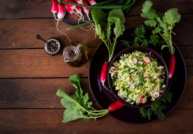 Ensalada de vitaminas de vegetales jóvenes: repollo, rábano, pepino y hierbas frescas. Vista superior